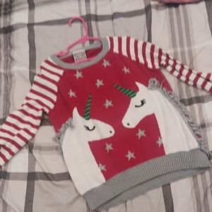 Girls' Red Unicorn Knit Sweater with Striped Sleeves